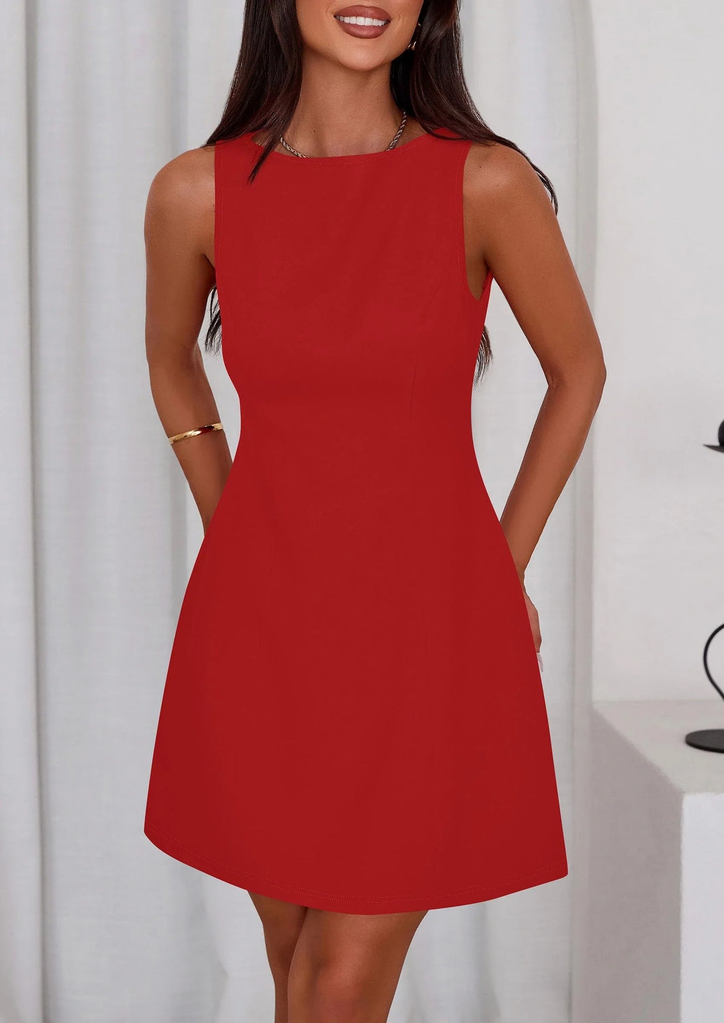 Chic A-Line Crew-Neck Sleeveless Solid-Back Mini Daytime Dress
