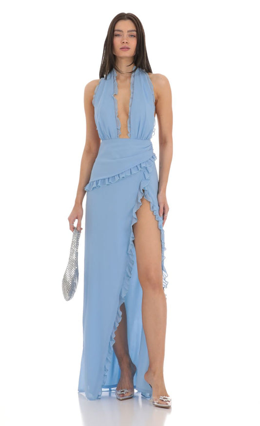 Chic A-Line Halter-Neck Ruffle-Accent Plunging V-Front Sky Blue Chiffon Floor-Length Prom Dresses