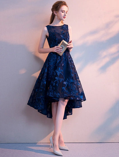 Full length view of the elegant A-line homecoming dress with flowing tulle skirt.