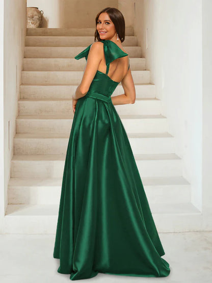 Chic A-Line One-Shoulder Open-Back Bow-Accent Emerald Green Satin Floor-Length Prom Dresses