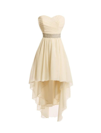 Elegant A-line strapless tiered chiffon dress with ruched detailing.