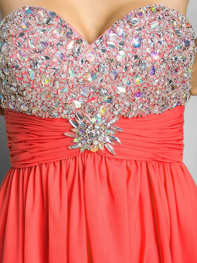 Back view of the strapless beaded cocktail dress.