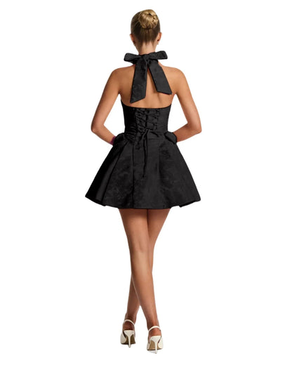 Chic Black Halter Deep V-Neck Bow-Back A-Line Mini Party Dress