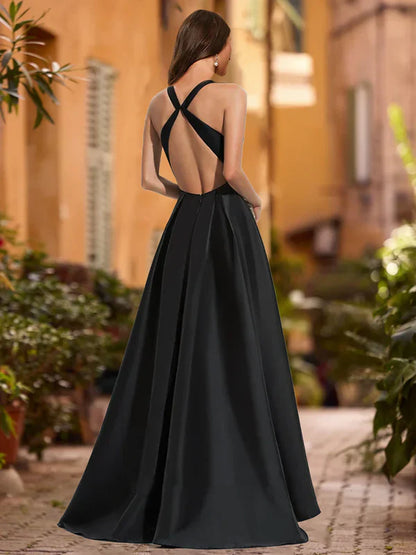 Chic High-Low V-Neck Sleeveless-Cross-Open-Back Black Satin Prom Dresses