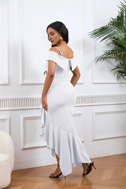 Chic Mermaid Off-Shoulder Double-Strap Asymmetric-Ruffle Midi Evening Dress