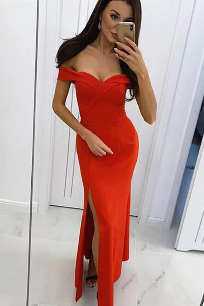 Chic Mermaid Off Shoulder Sleeveless Closed Back Floor Length Slit Evening Dress