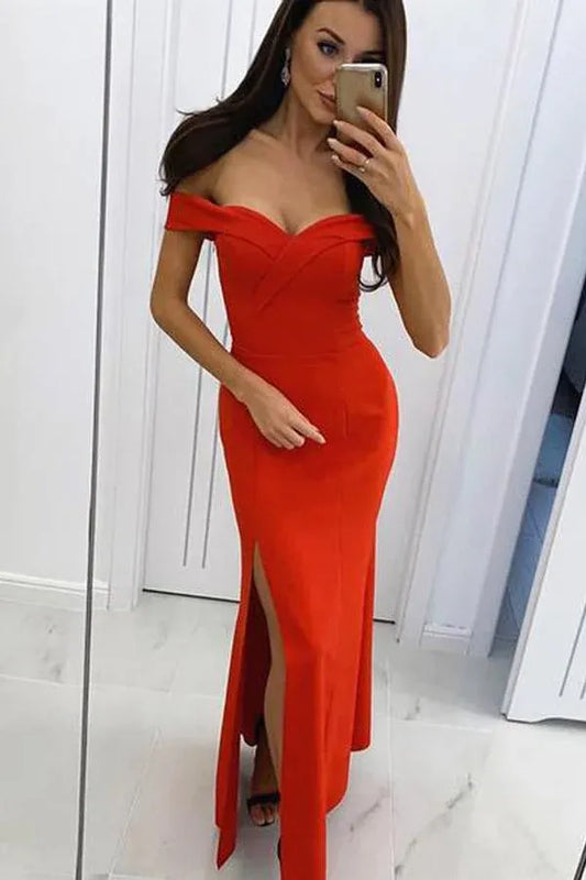 Chic Mermaid Off Shoulder Sleeveless Closed Back Floor Length Slit Evening Dress