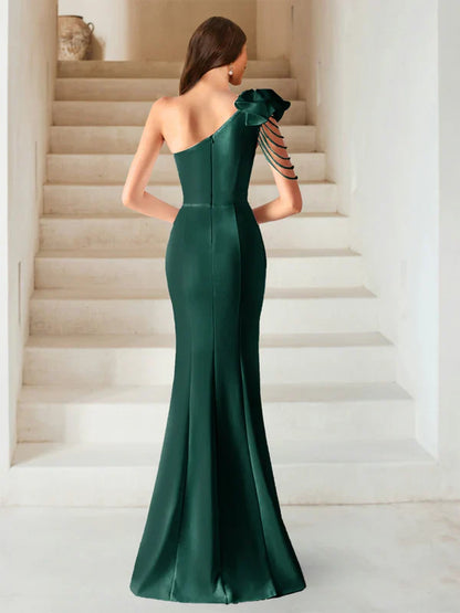 Chic Mermaid One-Shoulder Embellished-Sleeve-Zip-Back Emerald Satin Floor-Length Prom Dresses