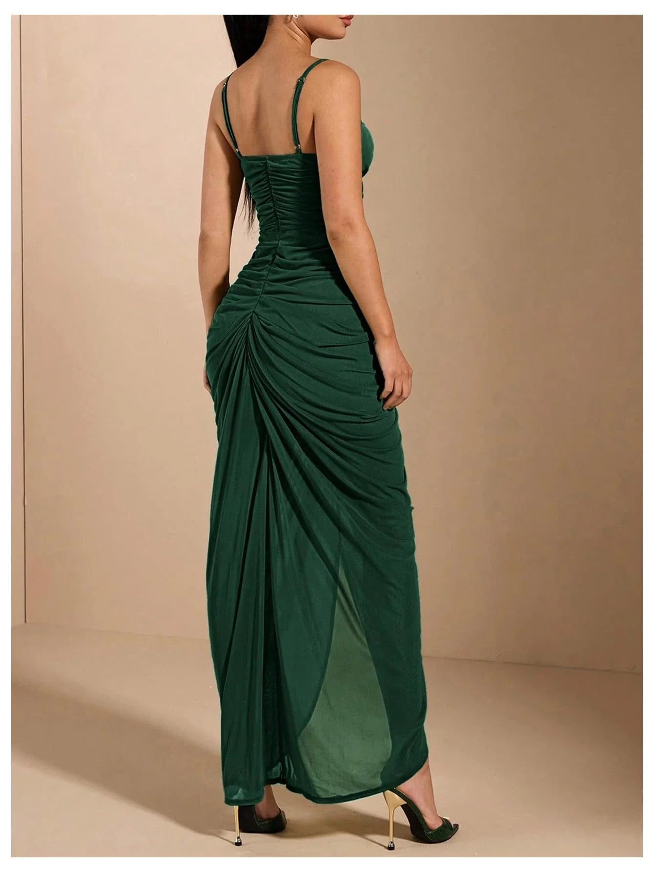 Chic Mermaid Spaghetti-Strap Ruched Ruffle-Midi Evening Dress