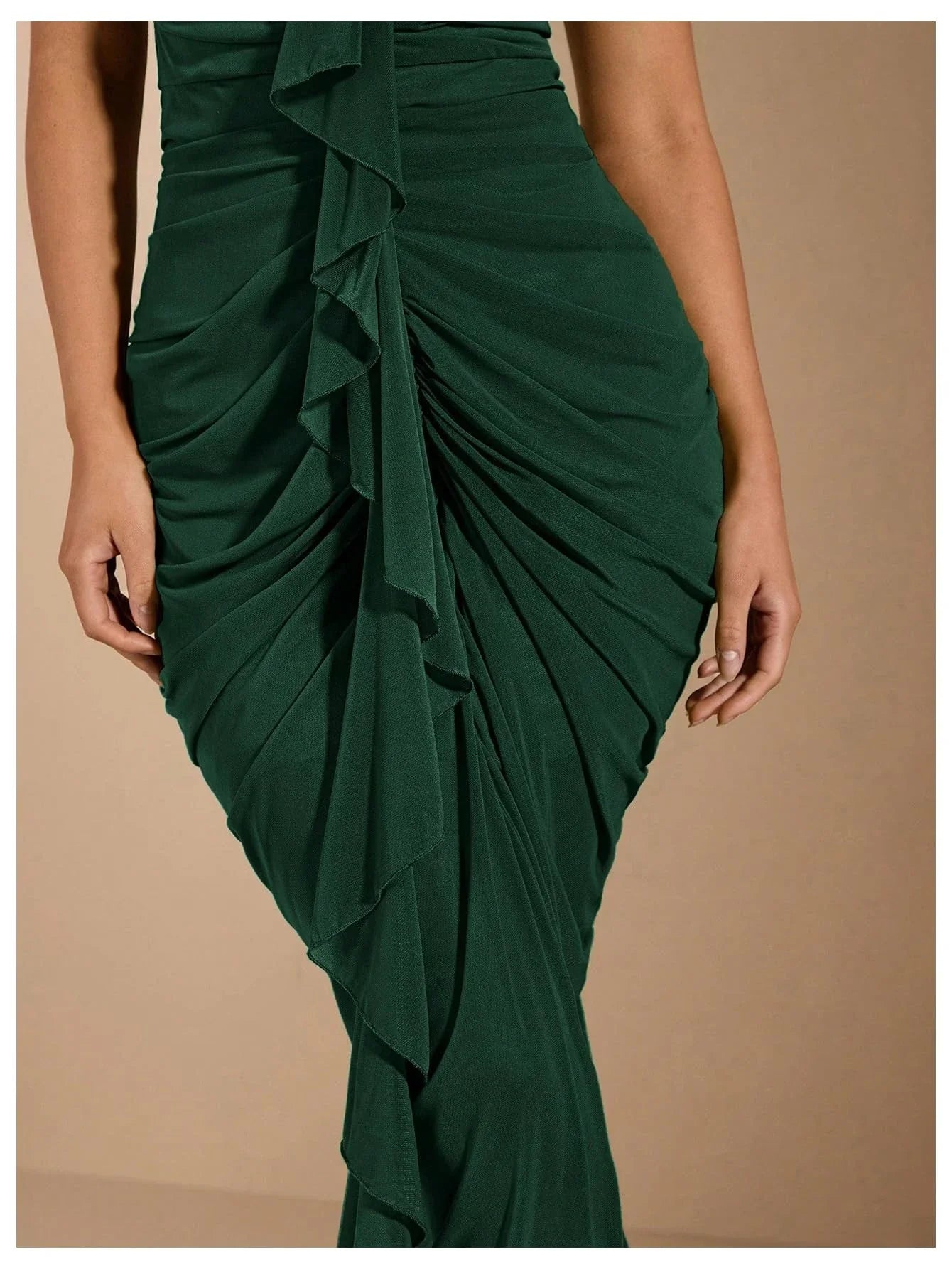 Chic Mermaid Spaghetti-Strap Ruched Ruffle-Midi Evening Dress