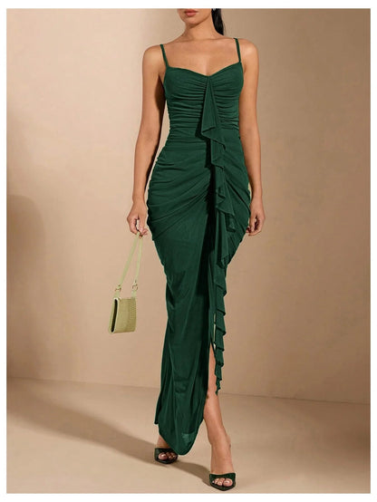Chic Mermaid Spaghetti-Strap Ruched Ruffle-Midi Evening Dress