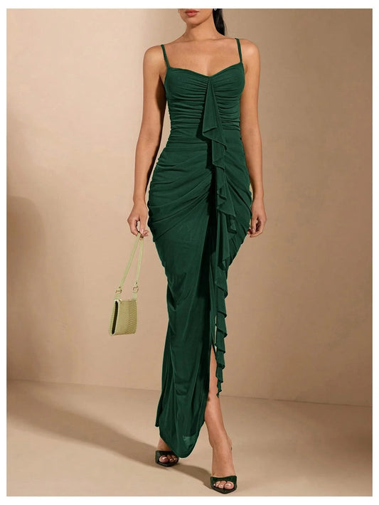 Chic Mermaid Spaghetti-Strap Ruched Ruffle-Midi Evening Dress