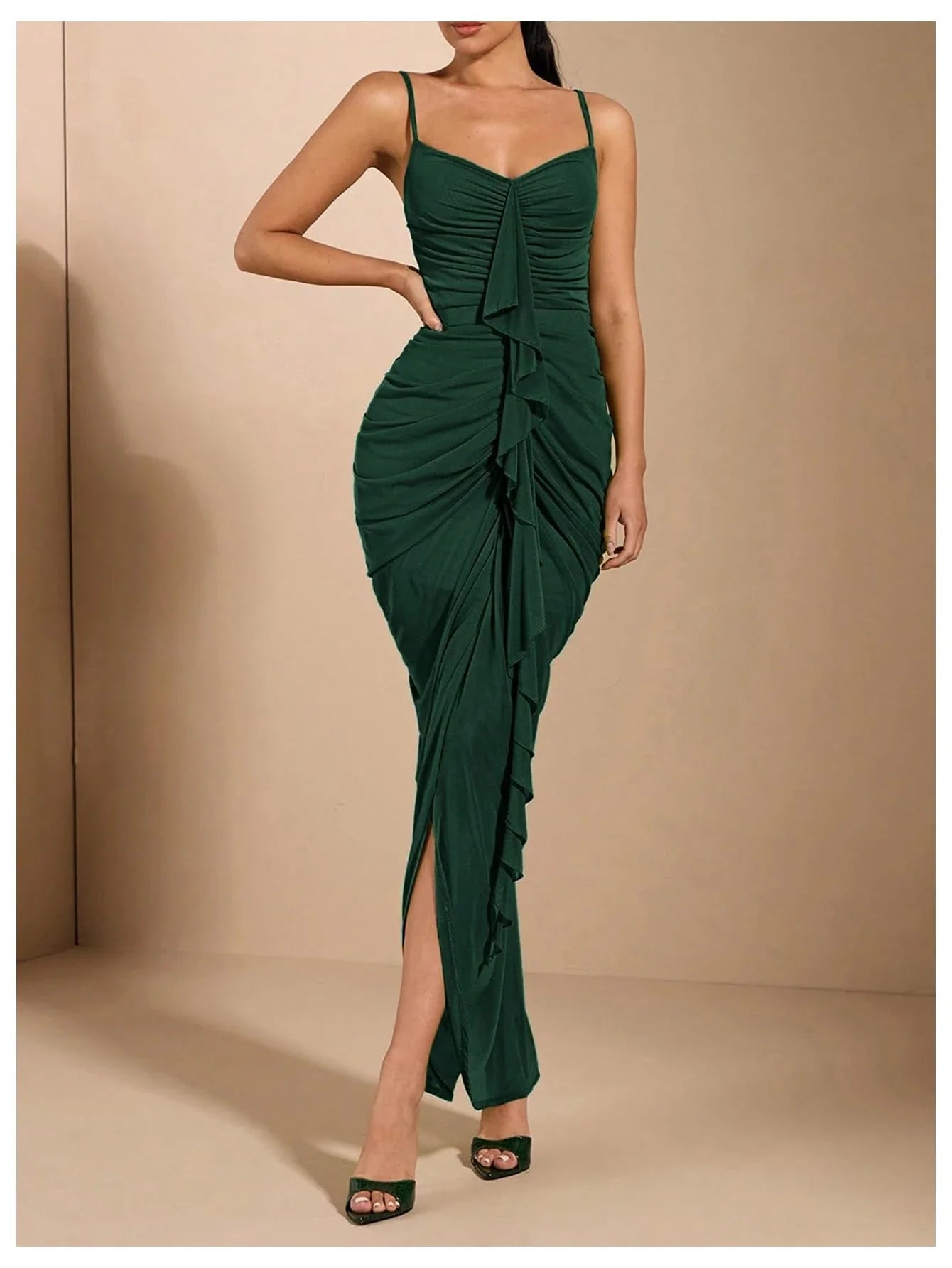 Chic Mermaid Spaghetti-Strap Ruched Ruffle-Midi Evening Dress