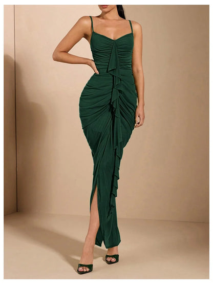 Chic Mermaid Spaghetti-Strap Ruched Ruffle-Midi Evening Dress