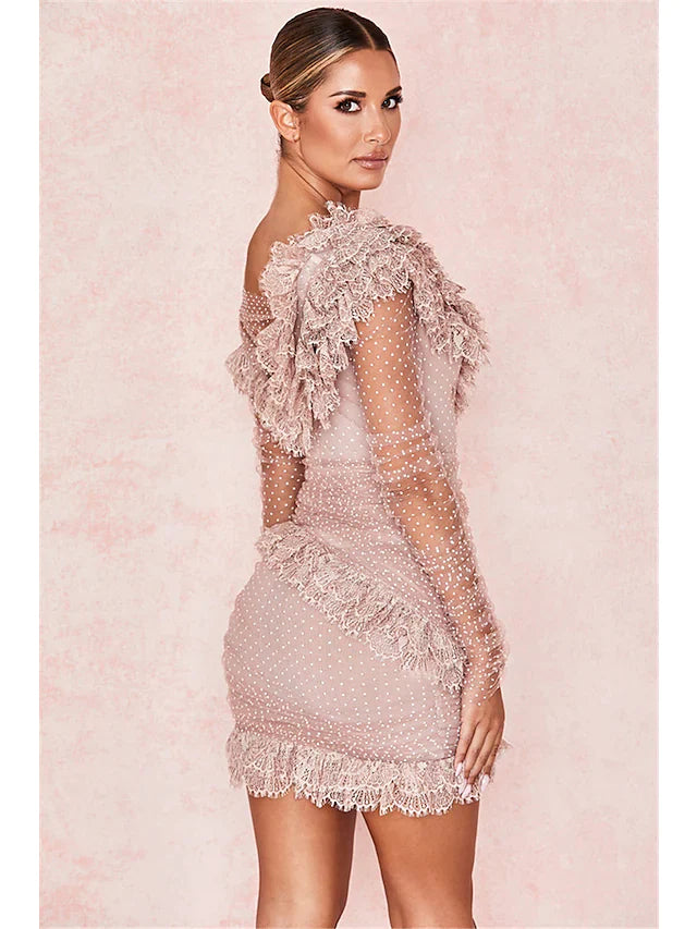 Back view of a woman wearing the elegant black one-shoulder long sleeve party dress.
