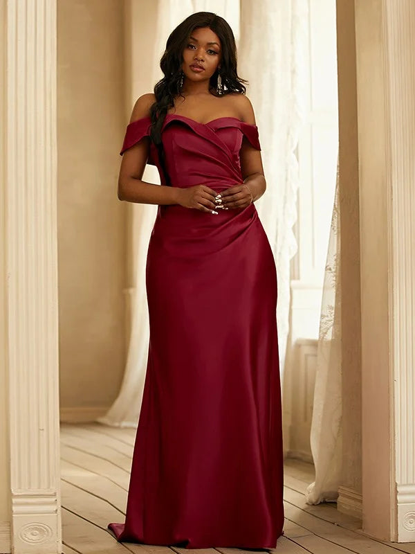 Chic red satin off-the-shoulder A-line long bridesmaid gown.