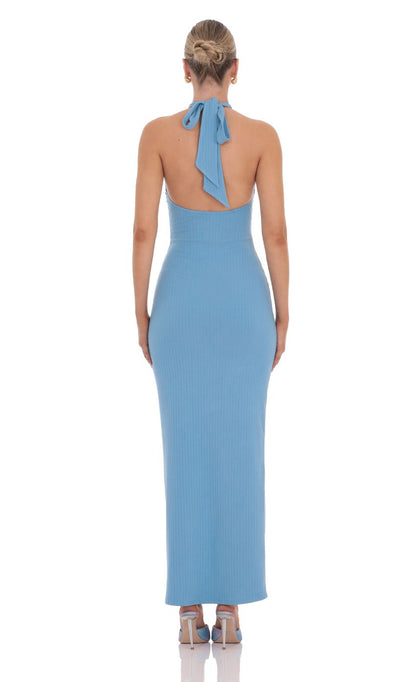 Chic Sheath Halter-Neck Sleeveless Tie-Back Sky-Blue Ribbed-Jersey Floor-Length Prom Dresses