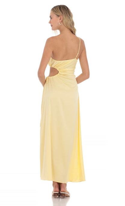 Chic Sheath One-Shoulder Cut-Out Tie-Side Lemon Yellow Satin Floor-Length Prom Dresses