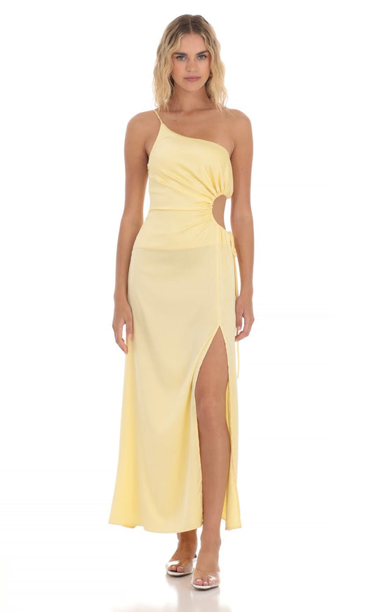 Chic Sheath One-Shoulder Cut-Out Tie-Side Lemon Yellow Satin Floor-Length Prom Dresses