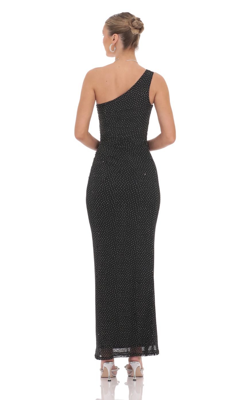 Chic Sheath One-Shoulder Sleeveless Crystal-Dot Black Chiffon Floor-Length Prom Dresses