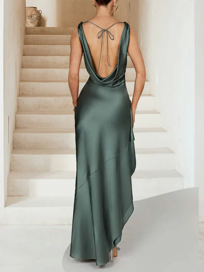 Chic Sheath One-Shoulder Tie-Back Ruffled-Emerald Green Satin Floor-Length Prom Dresses