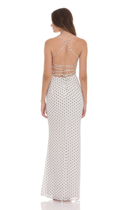 Chic Sheath Spaghetti-Strap Sleeveless Crisscross-Back Ivory Polka-Dot Chiffon Floor-Length Prom Dresses
