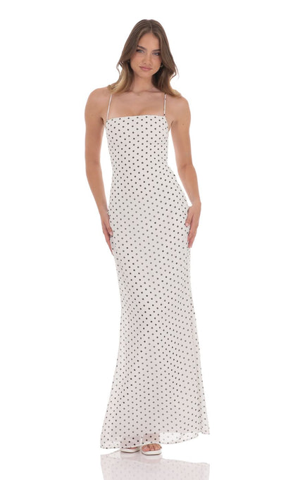 Chic Sheath Spaghetti-Strap Sleeveless Crisscross-Back Ivory Polka-Dot Chiffon Floor-Length Prom Dresses