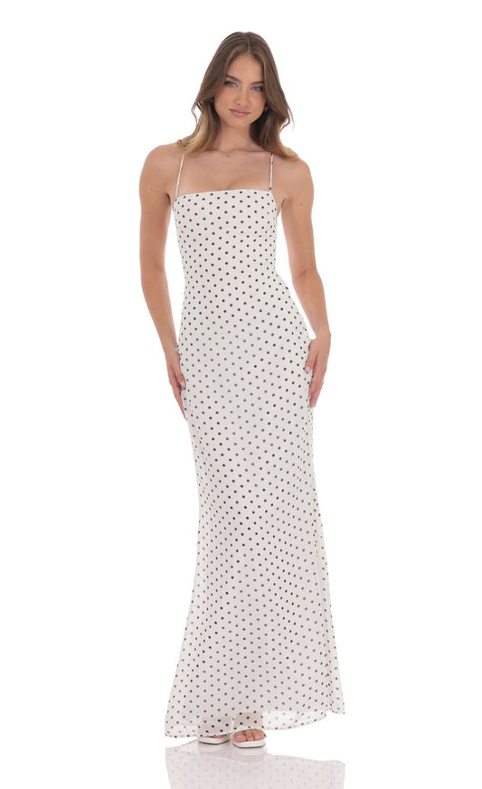 Chic Sheath Spaghetti-Strap Sleeveless Crisscross-Back Ivory Polka-Dot Chiffon Floor-Length Prom Dresses