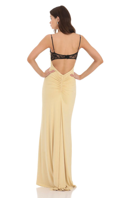 Chic Sheath Spaghetti-Strap Sleeveless Deep-Open-Back Buttercream Jersey-Lace Floor-Length Prom Dresses