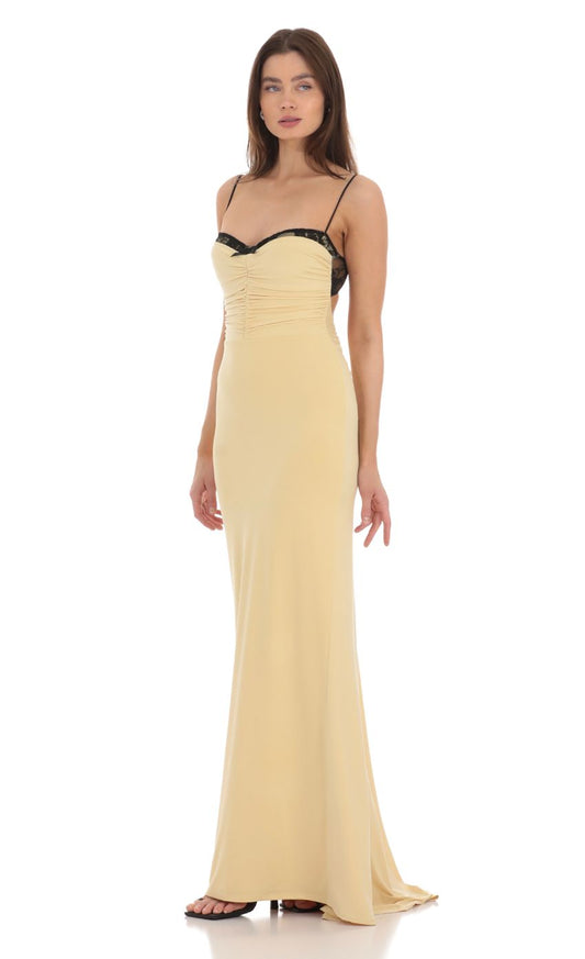 Chic Sheath Spaghetti-Strap Sleeveless Deep-Open-Back Buttercream Jersey-Lace Floor-Length Prom Dresses