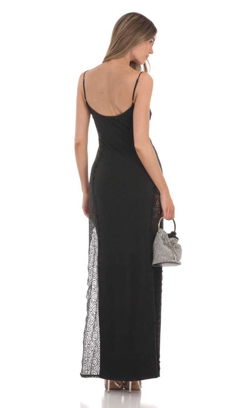 Chic Sheath Spaghetti-Strap Sleeveless Open-Back Black Lace-Accent Chiffon Floor-Length Prom Dresses