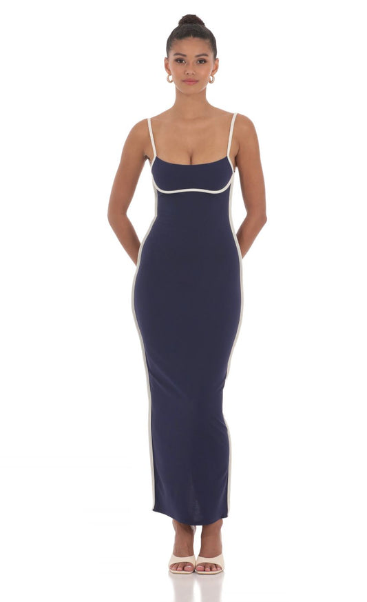 Chic Sheath Spaghetti-Strap Sleeveless Open-Back Navy Contrast-Piping Floor-Length Prom Dresses