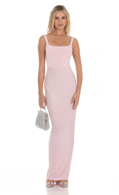 Chic Sheath Square-Neck Sleeveless Cut-Out-Back Blush Stretch-Fabric Floor-Length Prom Dresses