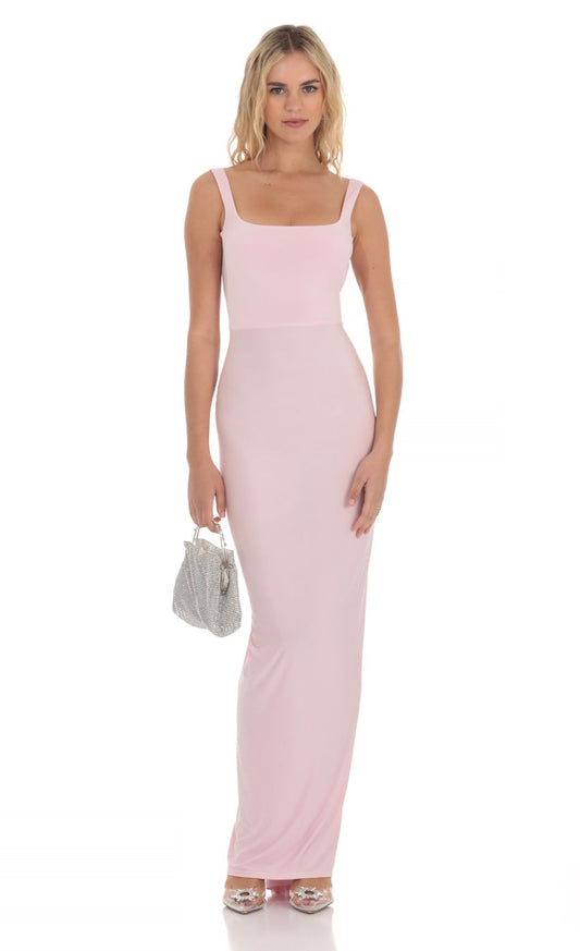 Chic Sheath Square-Neck Sleeveless Cut-Out-Back Blush Stretch-Fabric Floor-Length Prom Dresses