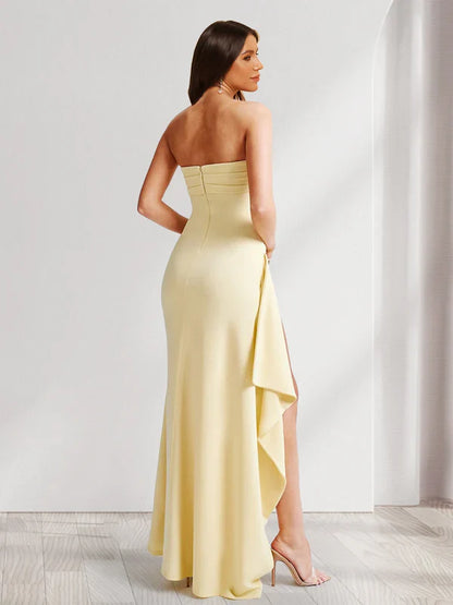 Chic Sheath Strapless Open-Back Ruffled-Lemon Yellow Crepe Floor-Length Prom Dresses