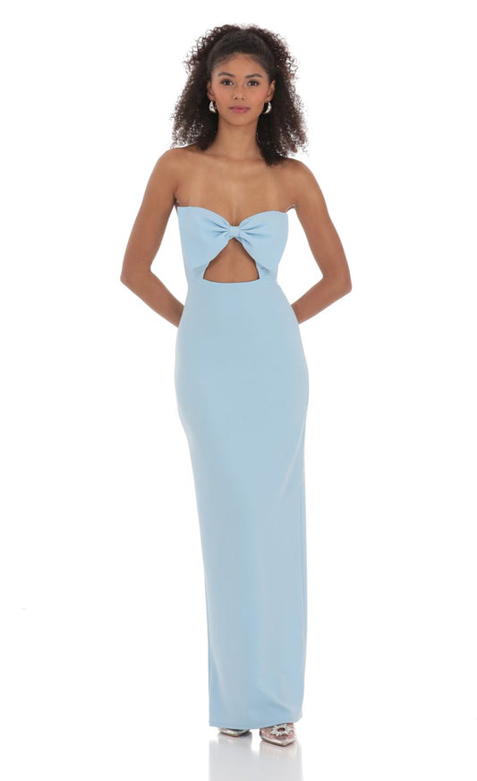 Chic Sheath Strapless Sleeveless Cut-Out-Front Bow-Accent Sky Blue Stretch-Fabric Floor-Length Prom Dresses