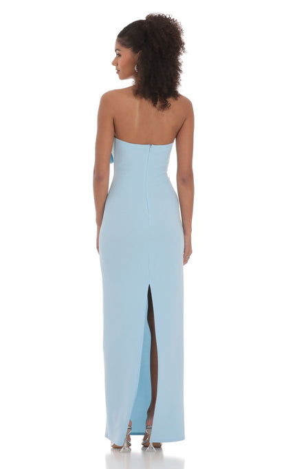 Chic Sheath Strapless Sleeveless Cut-Out-Front Bow-Accent Sky Blue Stretch-Fabric Floor-Length Prom Dresses