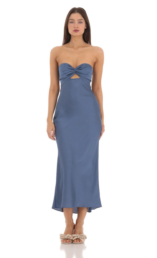 Description This chic prom dress features dusty blue satin fabric: it has a sweetheart neckline, strapless design, form-fitting sheath silhouette, cut-out back (with bow detail),