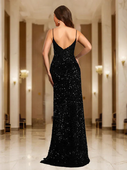 Chic Sheath V-Neck Spaghetti-Strap-Deep-Open-Back Black All-Sequin Floor-Length Prom Dresses