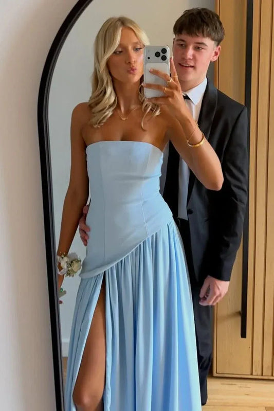 Chic Strapless Drop Waist Formal Dress With Slit