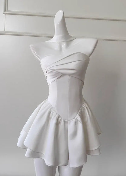 Chic Strapless Ruched Corset Tiered A-Line Mini Dress with Halter Strap