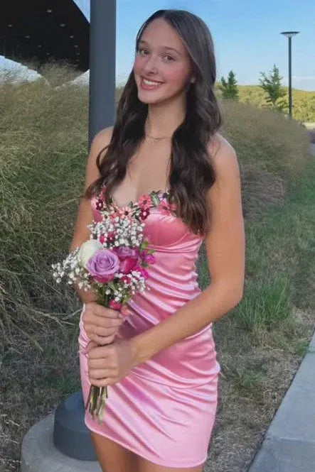 Chic Sweetheart Satin Bodycon Mini Dress with Floral Applique