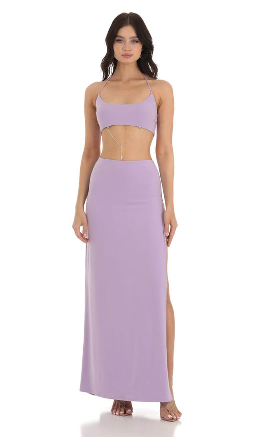 Chic Two-Piece Bodycon Halter-Neck Cut-Out Tie-Back Lavender Jersey Floor-Length Prom Dresses