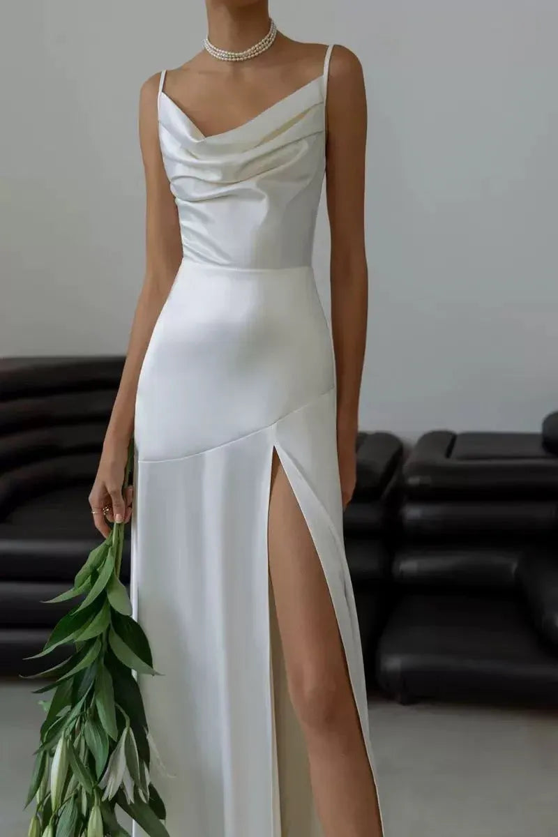Chic A-Line Cowl Neck Sleeveless Slit Ivory Maxi Prom Dress for Women ready to ship