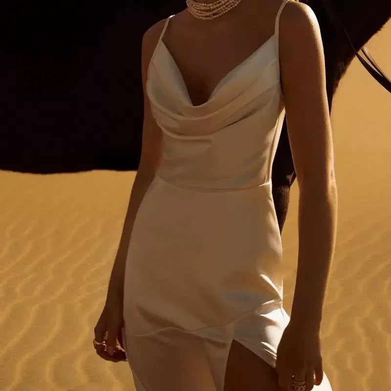 Chic A-Line Cowl Neck Sleeveless Slit Ivory Maxi Prom Dress for Women ready to ship