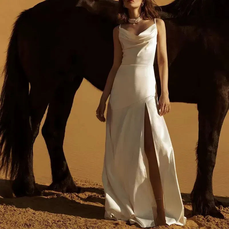 Chic A-Line Cowl Neck Sleeveless Slit Ivory Maxi Prom Dress for Women ready to ship