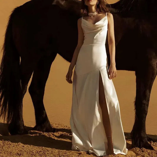Chic A-Line Cowl Neck Sleeveless Slit Ivory Maxi Prom Dress for Women ready to ship