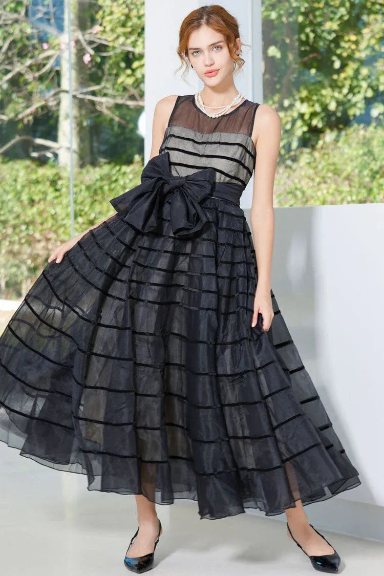 Chic A-Line Crew-Neck Sleeveless Striped Bow-Accent Black Midi Prom Dress for Women Ready to Ship