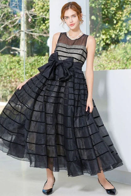 Chic A-Line Crew-Neck Sleeveless Striped Bow-Accent Black Midi Prom Dress for Women Ready to Ship