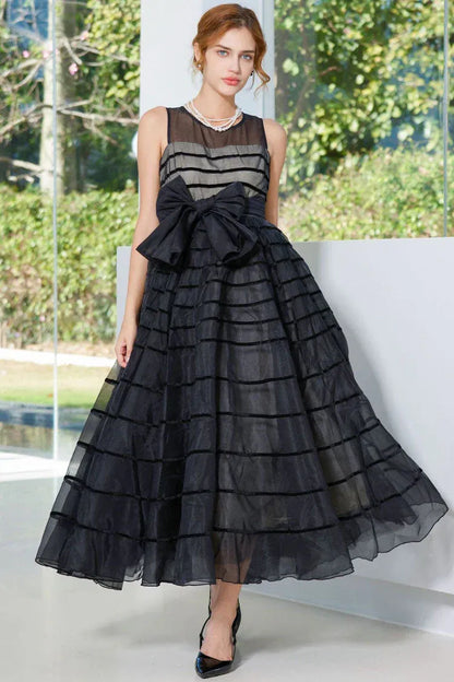 Chic A-Line Crew-Neck Sleeveless Striped Bow-Accent Black Midi Prom Dress for Women Ready to Ship
